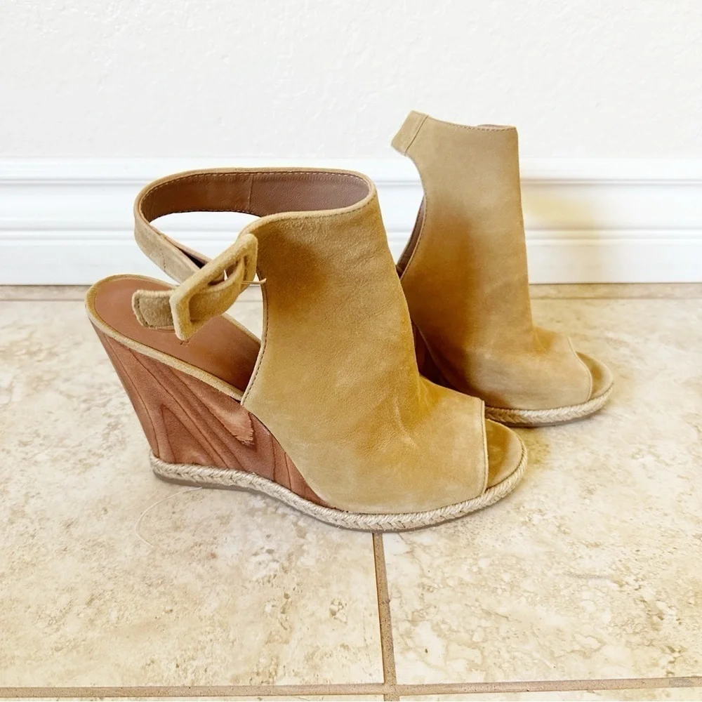 Tory Burch Tan Suede Open-Toe Wedge Sandals